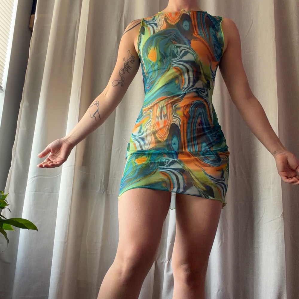 SHEIN Swirl Print Mini Dress - Blue, Orange, Green